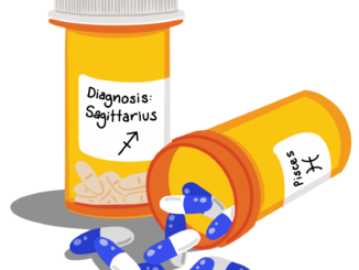 Illustration of pill bottles labeled "Diagnosis: Sagittarius" and "Pisces", with pills spilling from the Pisces bottle.