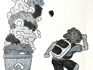 Illustration of a tower of garbage over a trash can, tipping over onto a fleeing student.