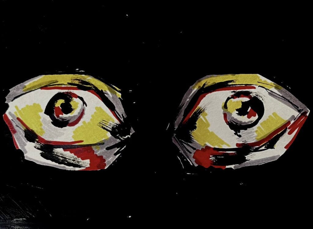 Illustration of red and yellow eyes staring out of the darkness