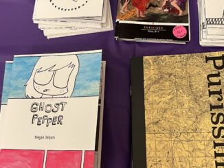 Several zines laid out on a table.