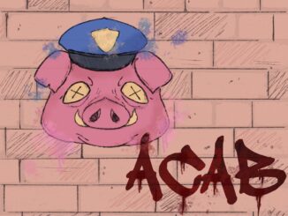 Illustration of graffiti of a pig in a cop's hat with "ACAB" written in spray paint below