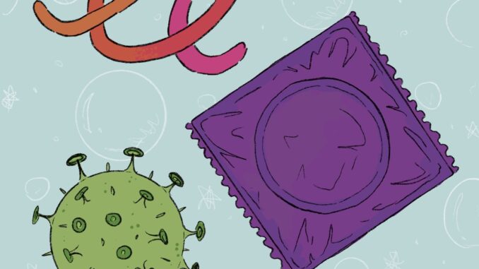 Illustration of condom and virus.