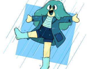 Illustration in blue and green of a person frolicking in a downpour