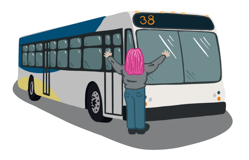 Illustration of a person standing with their arms spread in front of a TriMet bus.