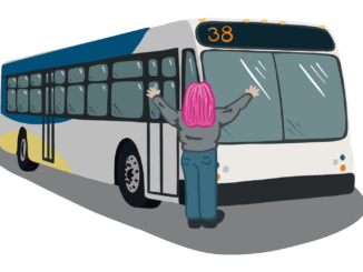 Illustration of a person standing with their arms spread in front of a TriMet bus.