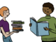 Illustration of two people holding books.