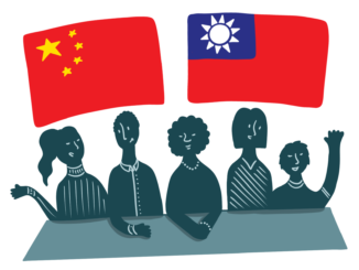 Illustration of five people talking below the flags of China and Taiwan