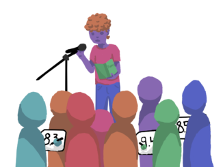 Illustration of person on stage in front of an audience.