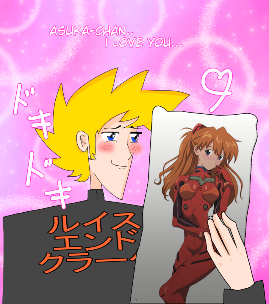 Illustration of a white man holding an anime body pillow