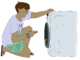Illustration of a person crouched before a laundry machine with their phone in their hand.