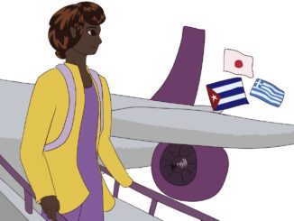 Illustration of student disembarking from a plane with international flags in background