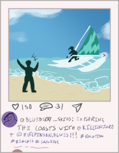Illustration of an Instagram post of a windsurfer on the ocean and a person standing on the shore.