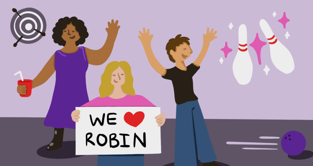 Illustration of people at a party, one of them holds a sign that says "We (heart) Robin".