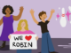 Illustration of people at a party, one of them holds a sign that says "We (heart) Robin".