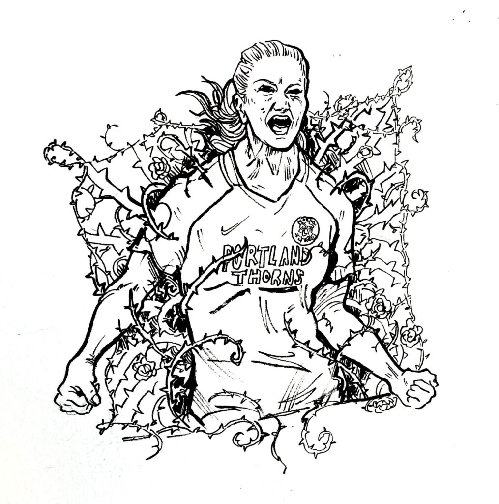 Illustration of a Portland Thorn player with thorns curling around body