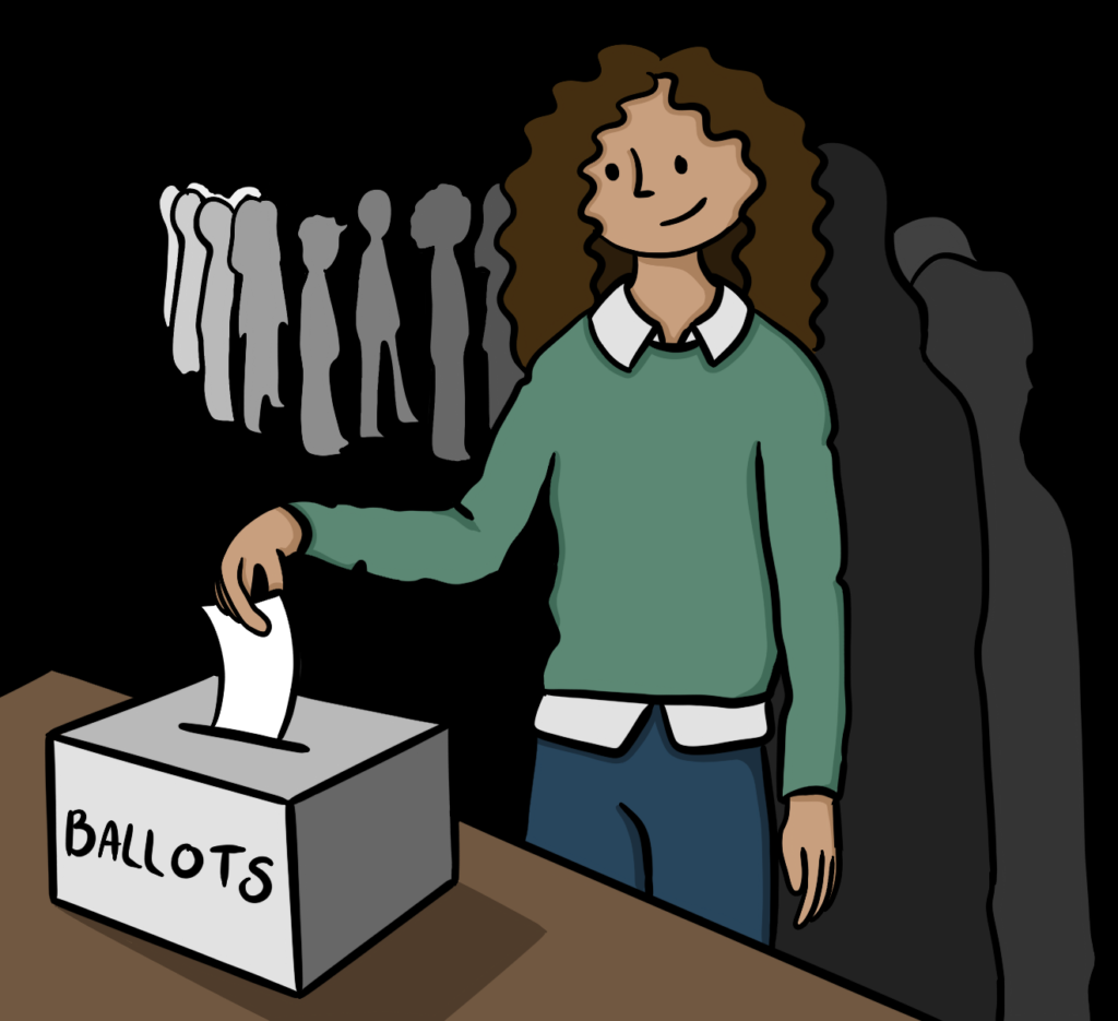 Illustration of smiling person dropping a ballot into a ballot box