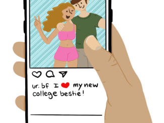 Illustration of a phone showing an instagram post of a happy new couple