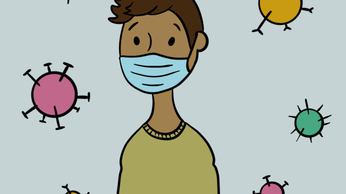 Illustration of a person in a mask surrounded by germs