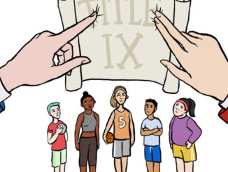 Illustration of Title IX scroll held over athletes
