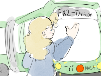 Illustration of a green FX bus and a blonde girl standing in front of it.