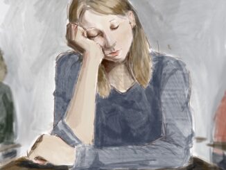 Watercolor illustration of student sleeping sitting up, their head resting on their hand