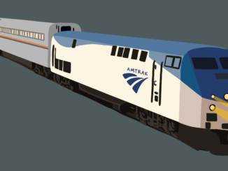 Illustration of an Amtrak train against a dark blue background