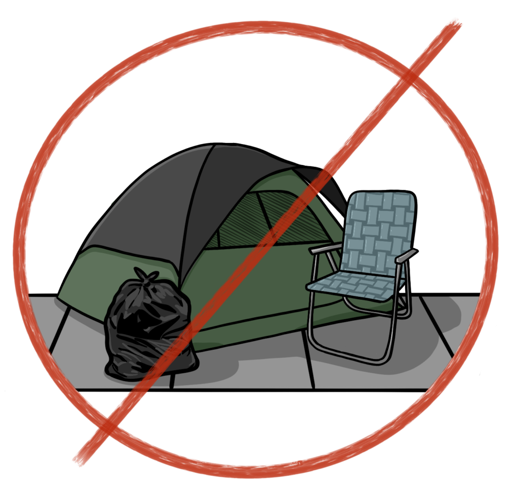 Illustration of a tent, trashbag and collapsable chair
