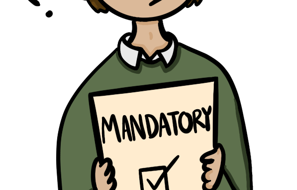 Illustration of person surrounded by question marks, holding a paper marked "Mandatory"