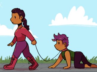 Illustration of man being walked by his friend on a leash