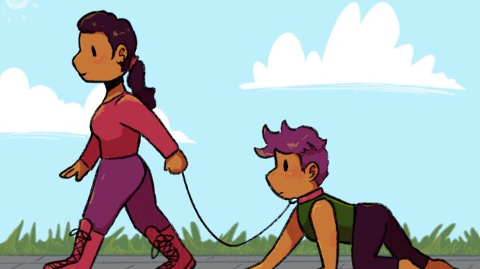 Illustration of man being walked by his friend on a leash