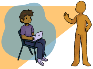 Illustration of a person on their laptop and an instructor in front of them