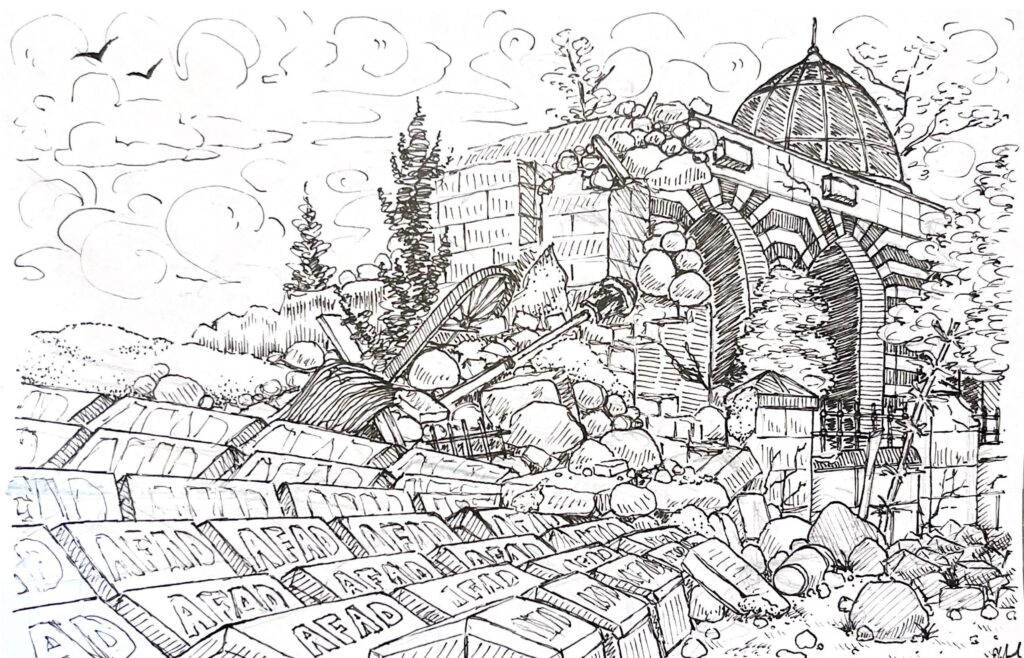 Illustration of rubble and destroyed buildings