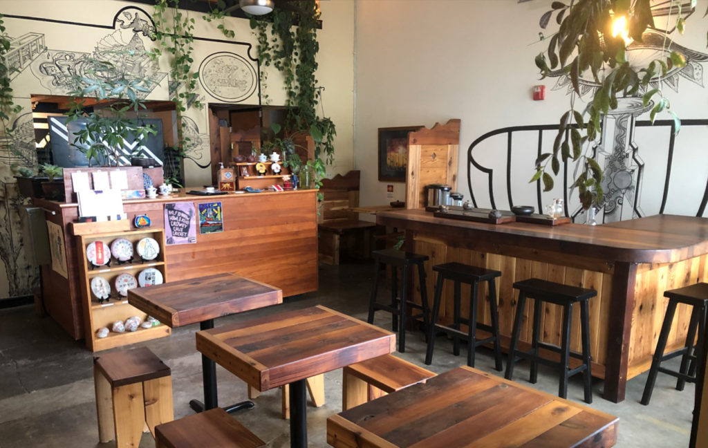 Photo of inside of cafe, wood furniture
