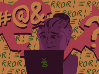 Illustration of person in front of computer with error writing everywhere