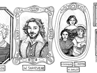 Illustration of multiple frames of old English authors and poets