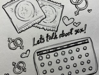 Illustration of birth control pills, condoms, hearts, text "Let's talk about sex!"