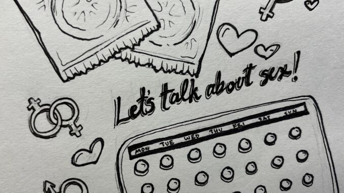 Illustration of birth control pills, condoms, hearts, text "Let's talk about sex!"