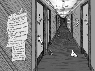 Illustration of a dorm hallway