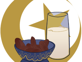 Illustration of a bowl of dates and milk behind crescent moon