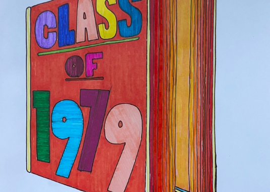 Illustration of a Class of '79 yearbook, rainbow flowing from the pages