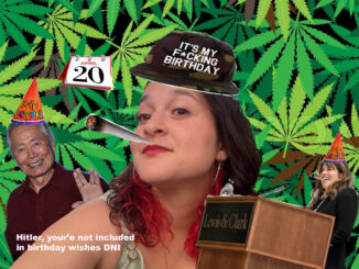 Photoshopped image of editor smoking a joint in a party hat