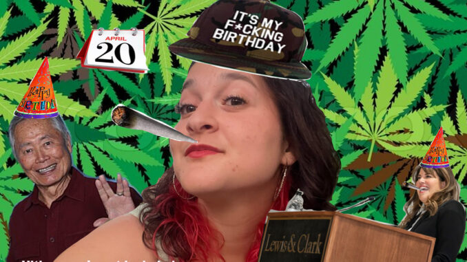 Photoshopped image of editor smoking a joint in a party hat