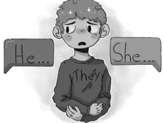 Illustration of pronouns and a nervous person (from archives)