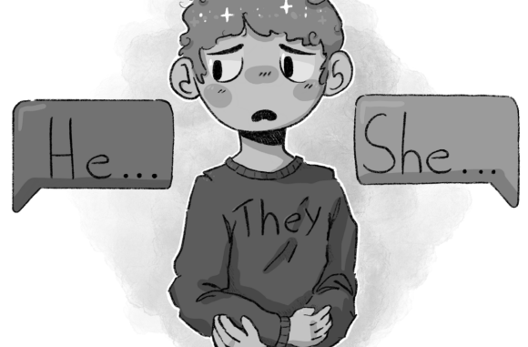 Illustration of pronouns and a nervous person (from archives)