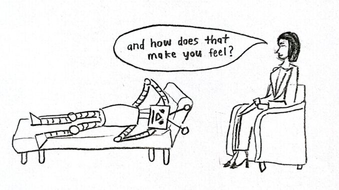 Cartoon of a robot talking to a human therapist
