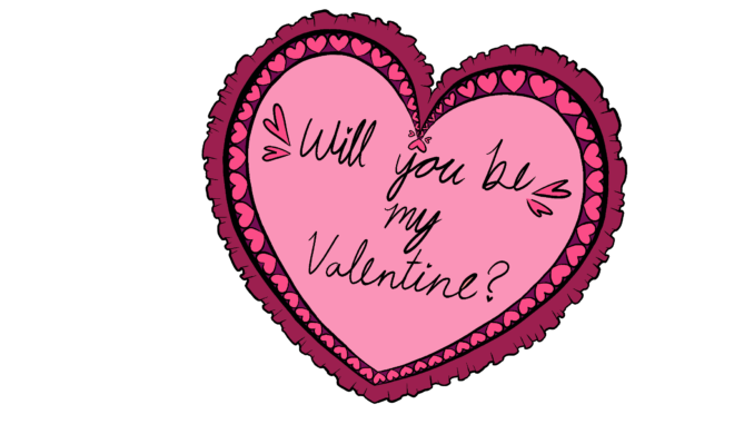 Illustration of Valentines Day Heart that says "Will you be my valentine?"