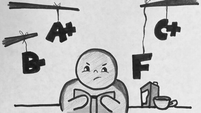 an illustration of a human figure being frustrated surrounded by floating grades