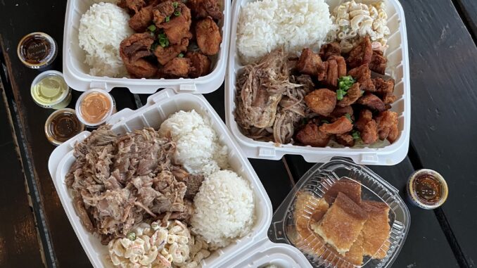 photos of three to-go boxes of rice and meat