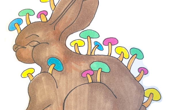 Illustration of chocolate Easter Bunny with multicolored mushrooms