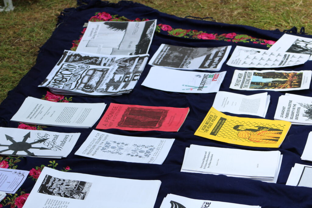 A collection of the protesters' pamphlets speak to Palestinian solidarity.